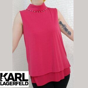 Karl Lagerfeld, High Collar Sleeveless Blouse, Pearl Details, Red, Sz XL